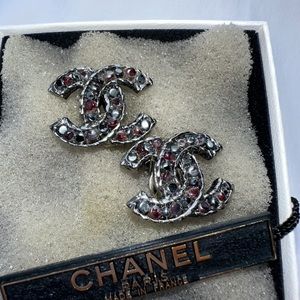 Chanel CC logo clip on multi colored earrings. Red, black, silver and blue